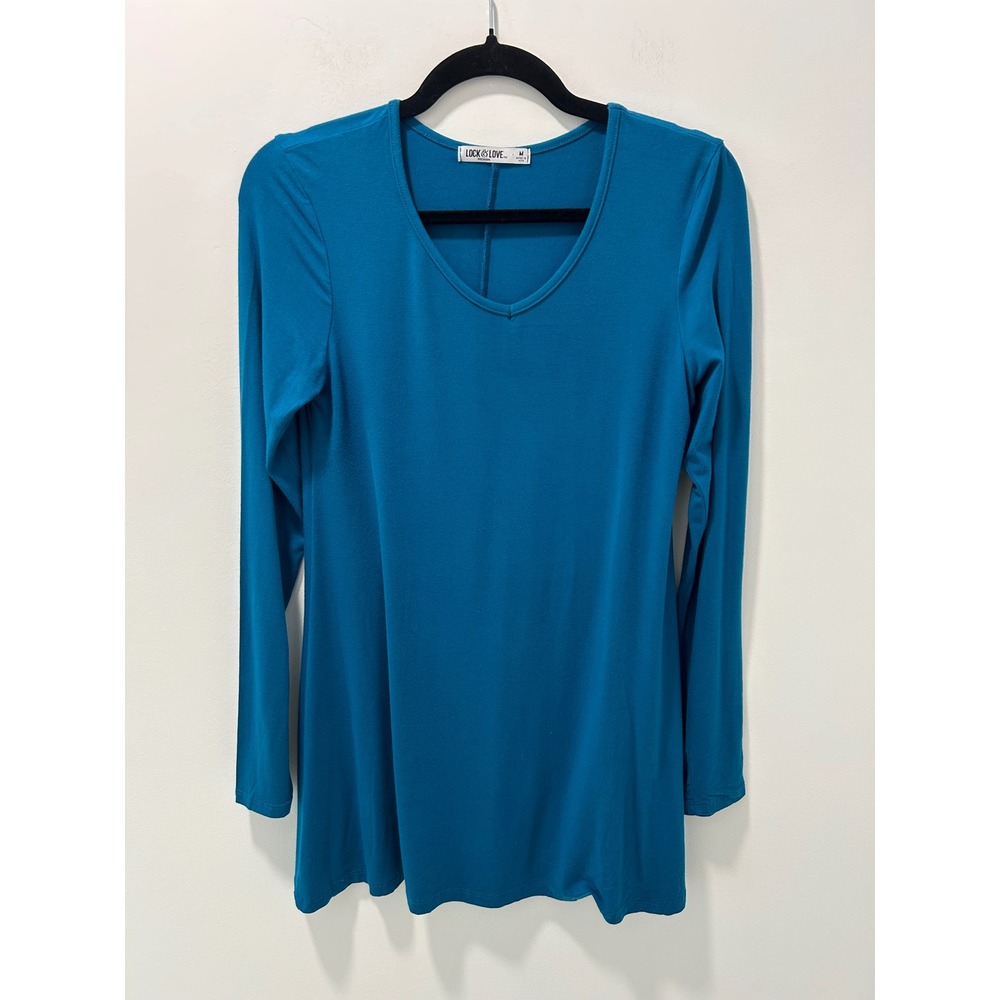 Lock & Love Premium Teal Blue V-Neck Long Sleeve Tunic Top Medium Made in USA